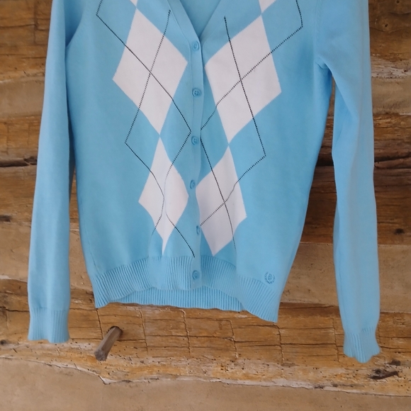 3/$15 Izod Light Blue & Brown Argyle V Neck Cotton Cardigan Size Small - Picture 3 of 8